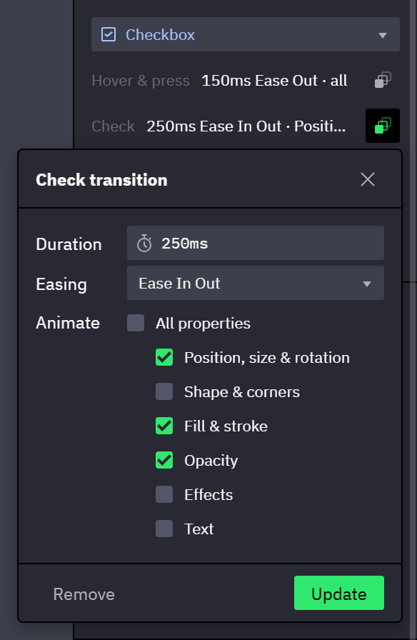 The Properties panel of a component set with the Checkbox behavior. Below the Behavior dropdown are the rows Hover & press, reading 150ms Ease Out · all, and Check, reading 250ms Ease In Out · Position, size & rotation…. The Check transition dialog is open with Duration 250ms, Easing Ease In Out, and the Animate list: All properties unchecked, with Position, size & rotation, Fill & stroke and Opacity checked and Shape & corners, Effects and Text unchecked below it. The footer holds Remove and Update.