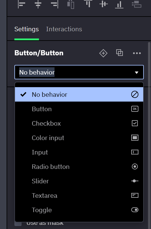 The Properties panel of a variant named Button/Button. The header holds the diamond button with a plus, Add variant. Below it the Behavior dropdown is open: No behavior, Button, Checkbox, Color input, Input, Radio button, Slider, Textarea and Toggle.